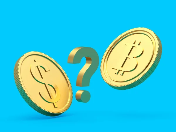 Bitcoin Dollár Érmék Kérdőjellel Kék Háttéren Illusztráció — Stock Fotó