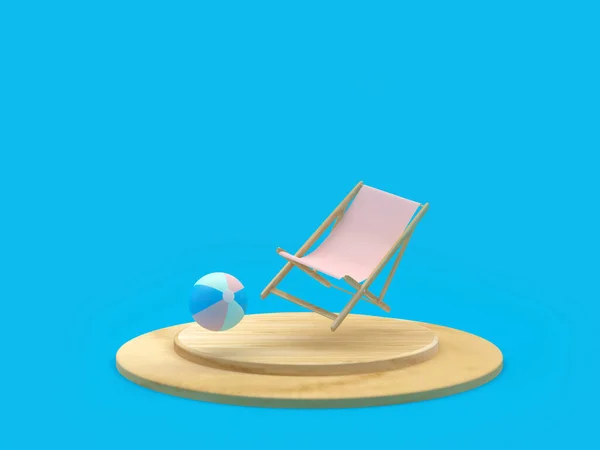 Sedia Sdraio Con Pallone Spiaggia Basamento Sfondo Blu Illustrazione — Foto Stock