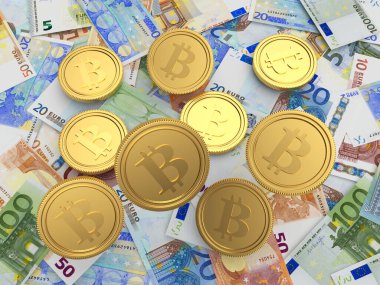 Bitcoin paraları çeşitli avro banknotlarının üzerine düşüyor. 3B illüstrasyon 