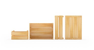 Beyaz arka planda izole edilmiş boş ahşap paletler ya da kutular. 3B illüstrasyon 