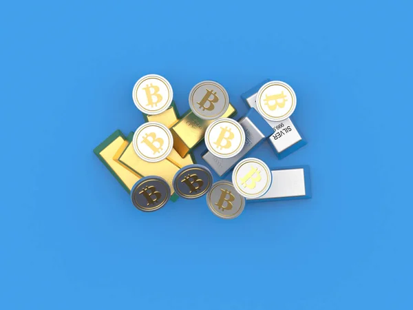 比特币落在蓝色背景上方的金条和银条上 3D插图 — 图库照片