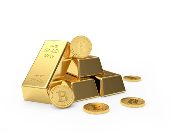 Bitcoin Auf Einem Haufen Goldbarren Isoliert Auf Weißem Hintergrund Illustration — Stockfoto