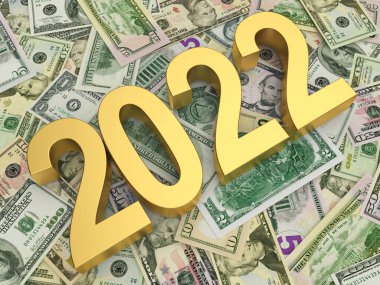 Altın Yeni Yıl 2022 numaralı banknotlar yığını. 3d illüstrasyon 