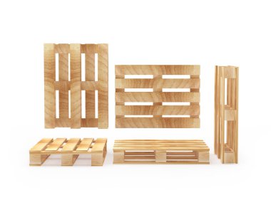 Beyaz arka planda izole edilmiş farklı projeksiyonlarda boş ahşap paletler. 3B illüstrasyon 