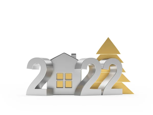 Ezüst Szám 2022 Szilveszter Ház Karácsonyfa Elszigetelt Fehér Háttér Illusztráció — Stock Fotó