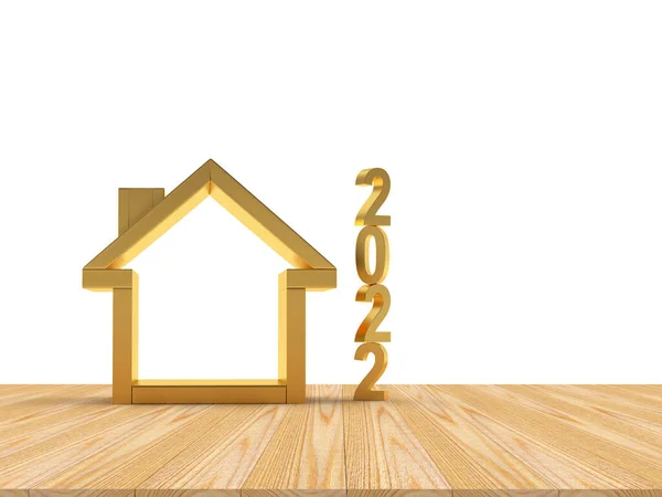 Ícone Casa Dourada Com Número Ano Novo 2022 Chão Madeira — Fotografia de Stock