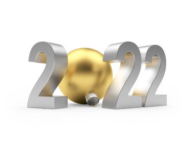 Beyaz arka planda izole edilmiş altın noel balosuyla 2022 numaralı gümüş yılbaşı. 3B illüstrasyon