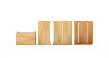 Beyaz arka planda çeşitli boş ahşap paletler ya da kutular var. 3B illüstrasyon