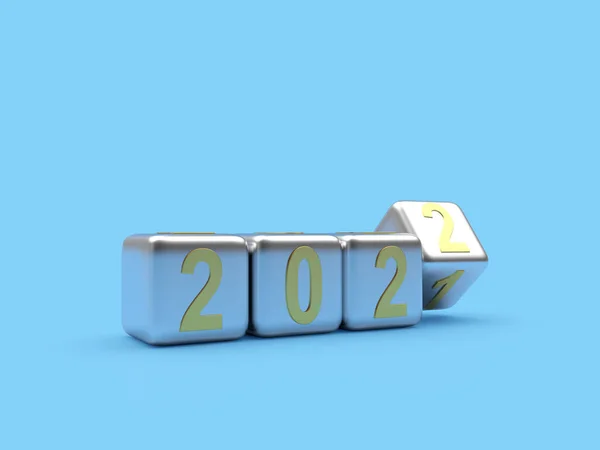 2022 2021 Numerele Anul Nou Schimbă Zaruri Argint Fundal Albastru — Fotografie, imagine de stoc