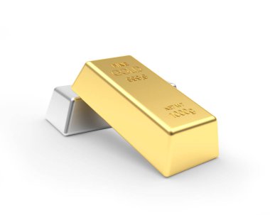Saf altın ve gümüş külçeler. İki değerli metal çubuk. 3B illüstrasyon.