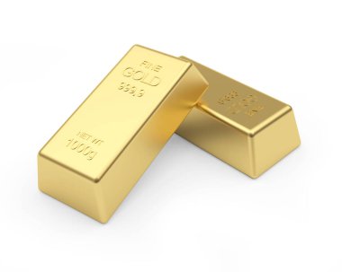 Beyaza izole edilmiş iki altın külçesi. Değer koruma kavramı. 3B illüstrasyon.