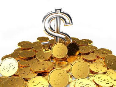Altın sikke yığını üzerinde gümüş dolar işareti