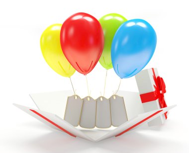 Renkli balon hediye kutusu içinde boş etiket