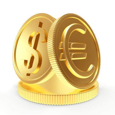 Dolar ve euro ile parlak altın sikke işaretleri bir kaide üzerinde