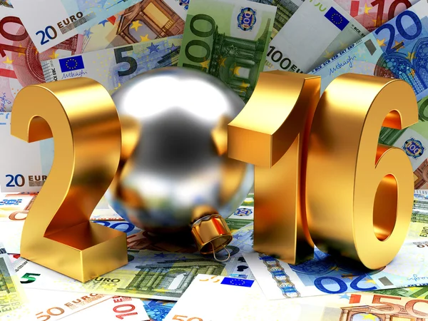 2016 Anul Nou cu minge de Crăciun pe fundalul facturilor Euro — Fotografie, imagine de stoc