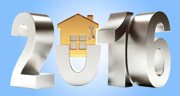 Ano de prata 2016 com casa dourada em azul — Fotografia de Stock