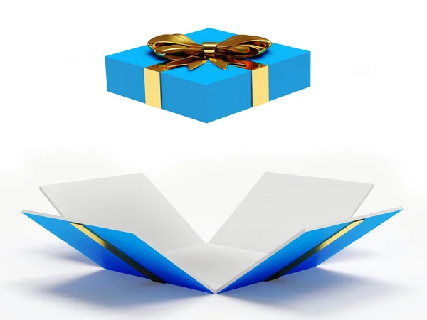 Caixa de presente aberta azul com fita dourada e arco — Fotografia de Stock