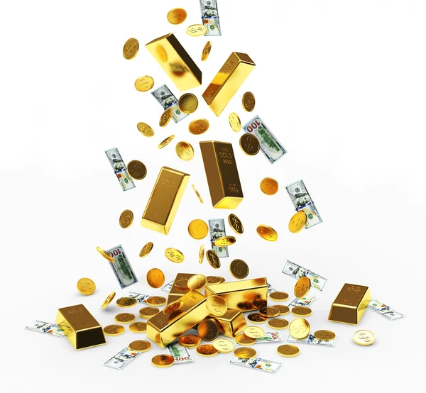 Caindo moedas de ouro, barras e notas de dólar — Fotografia de Stock