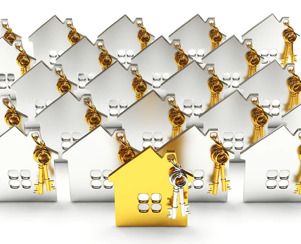 Fileiras de casas de prata com uma casa de ouro entre eles — Fotografia de Stock