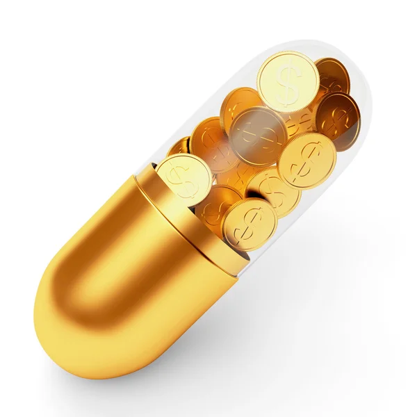 Medical transparent capsule with coins — Stock Photo, Image