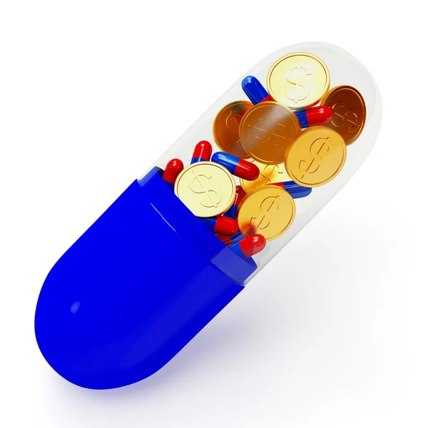 Transparent capsule with coins and pills — Stock Photo, Image
