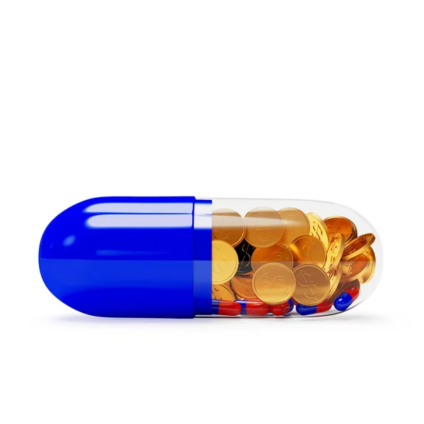 Transparent capsule with coins and pills — Stock Photo, Image