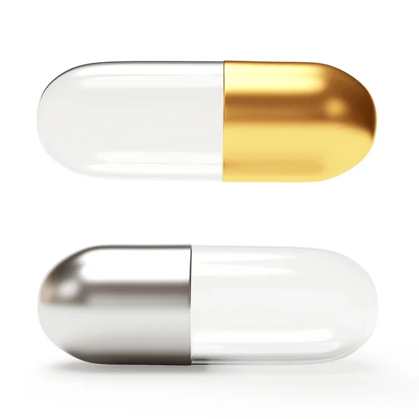 Golden and silver transparent medical capsules — Stock Photo, Image