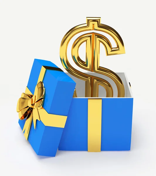 Знак "Золотой доллар" в синей подарочной коробке — стоковое фото