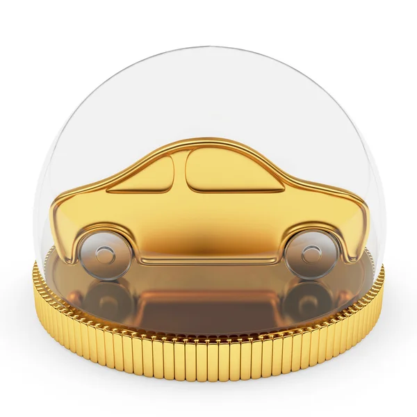 Złoty samochód na monecie chronione przez szklaną pokrywę — Zdjęcie stockowe