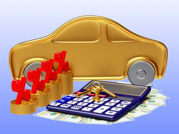 Bil, massa nycklar, kalkylator och travar av mynt med ett procenttecken — Stockfoto