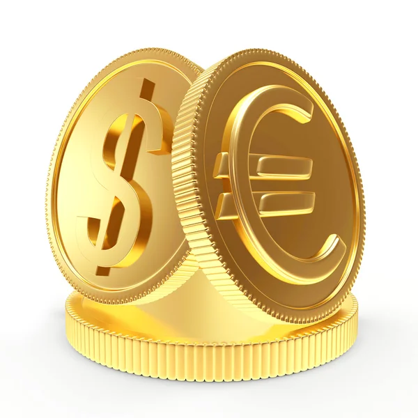 달러와 유로와 반짝이 황금 동전 받침대에 서명 — 스톡 사진