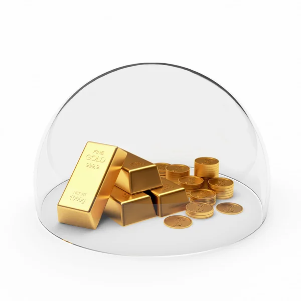 Barras e moedas de ouro protegidas por uma cobertura de vidro — Fotografia de Stock