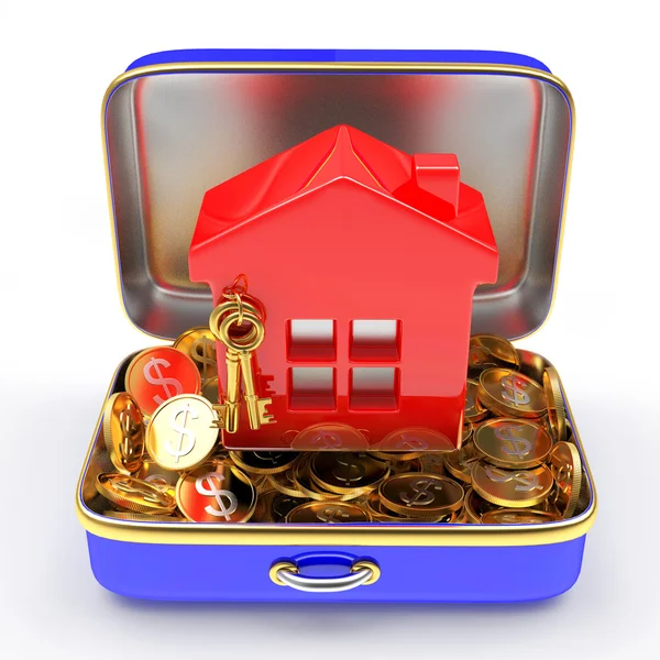 Açık mavi bavul içinde kırmızı ev ile altın dolu