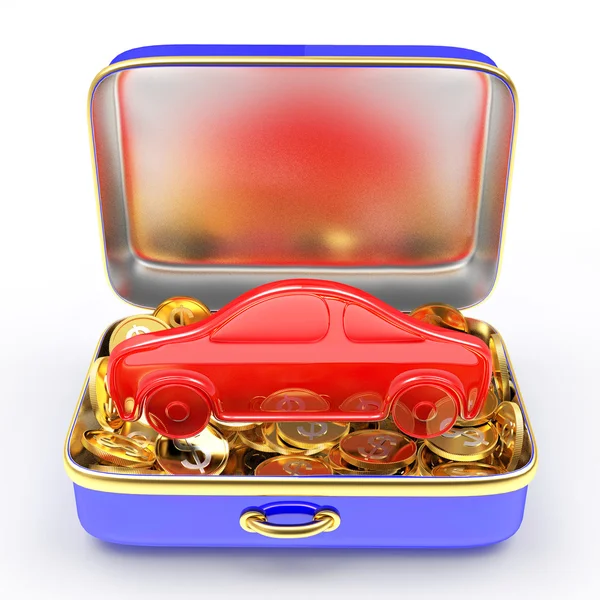 Mala azul aberta cheia de moedas de ouro com carro vermelho dentro — Fotografia de Stock