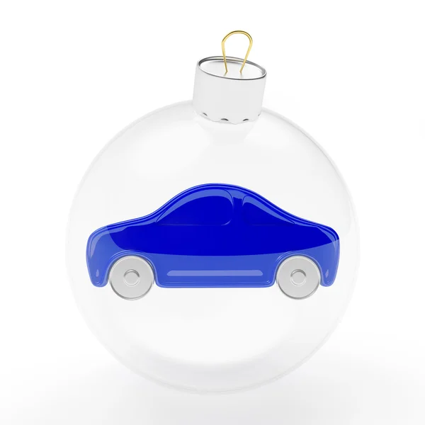 Стеклянный рождественский шар с синей формой автомобиля внутри — стоковое фото