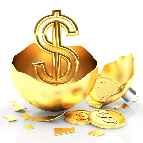 Dollarteken in een gebroken gouden kerst bal — Stockfoto
