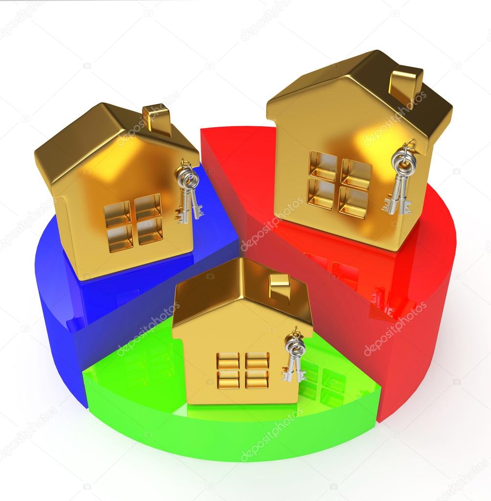 Golden houses on colorful pie chart