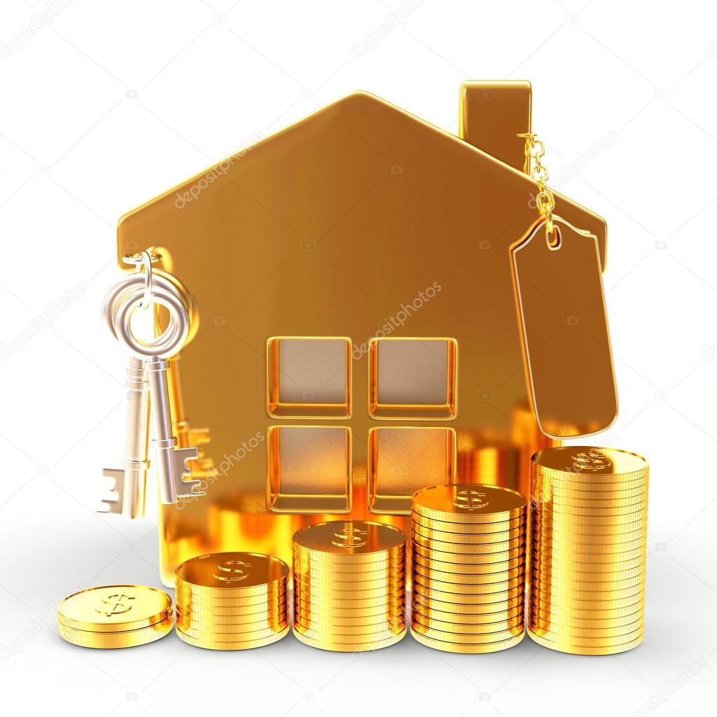 Golden house with blank label and stacks of coins