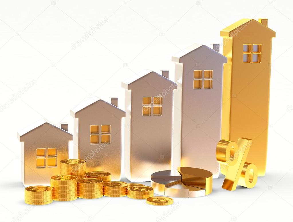 Golden and silver houses in the form of a graphs, pie chart, percent sign, stacks of coins