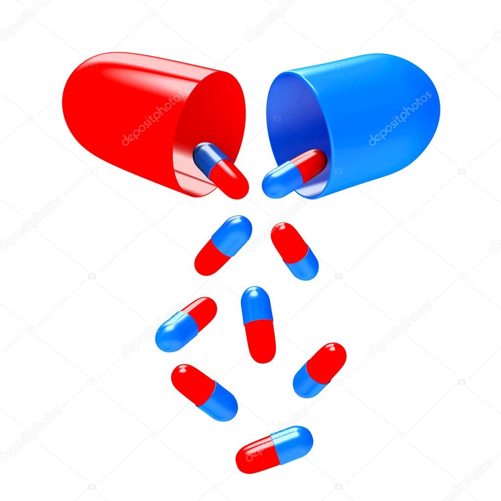 Colorful pills falling from capsule
