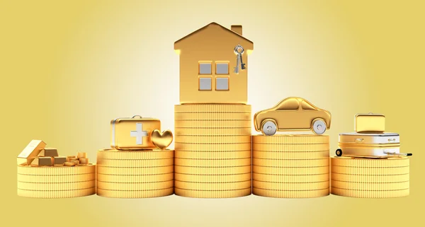 Försäkring-konceptet med hus bil och mynt — Stockfoto