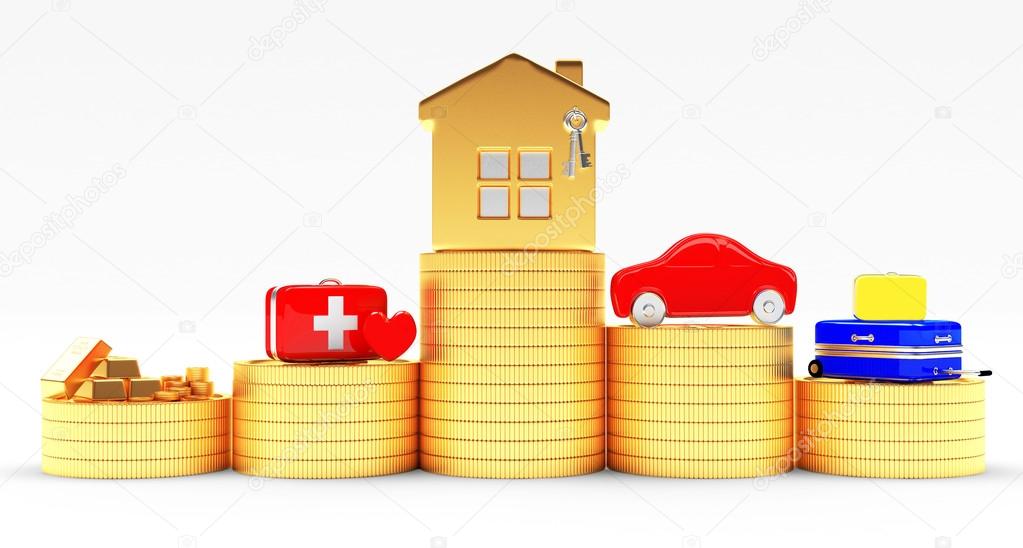 Insurance concept with  House car and coins