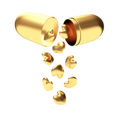 Açık tıbbi kapsülü düşen altın Kalpler