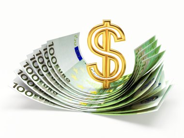 Euro faturaları bir yığın üzerinde altın dolar işareti