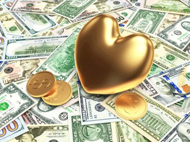 Altın kalp dolarlarına arka plan üzerinde