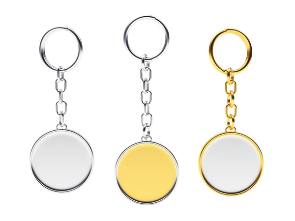 Blank round golden and silver key chains with key rings — Stock Photo, Image