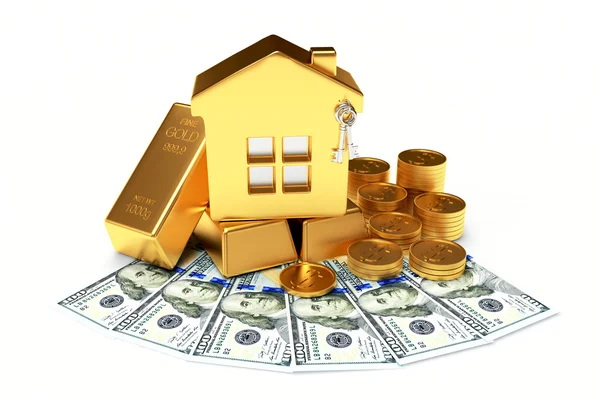 Concepto hipotecario. Casa de oro entre las monedas, billetes de dólar y bares —  Fotos de Stock