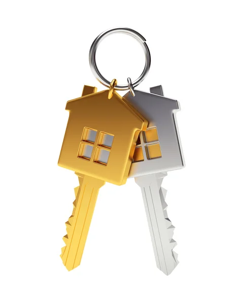 Bando de chaves douradas e prateadas em forma de casa em um chaveiro — Fotografia de Stock
