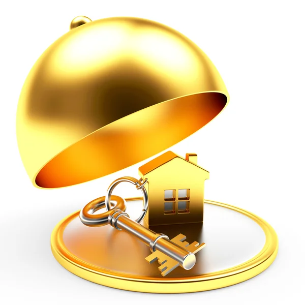 Chave com casa na bandeja dourada com tampa aberta isolada — Fotografia de Stock