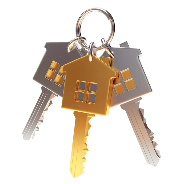 Bunch of golden and silver house-shape keys on a key ring — Stock Photo, Image